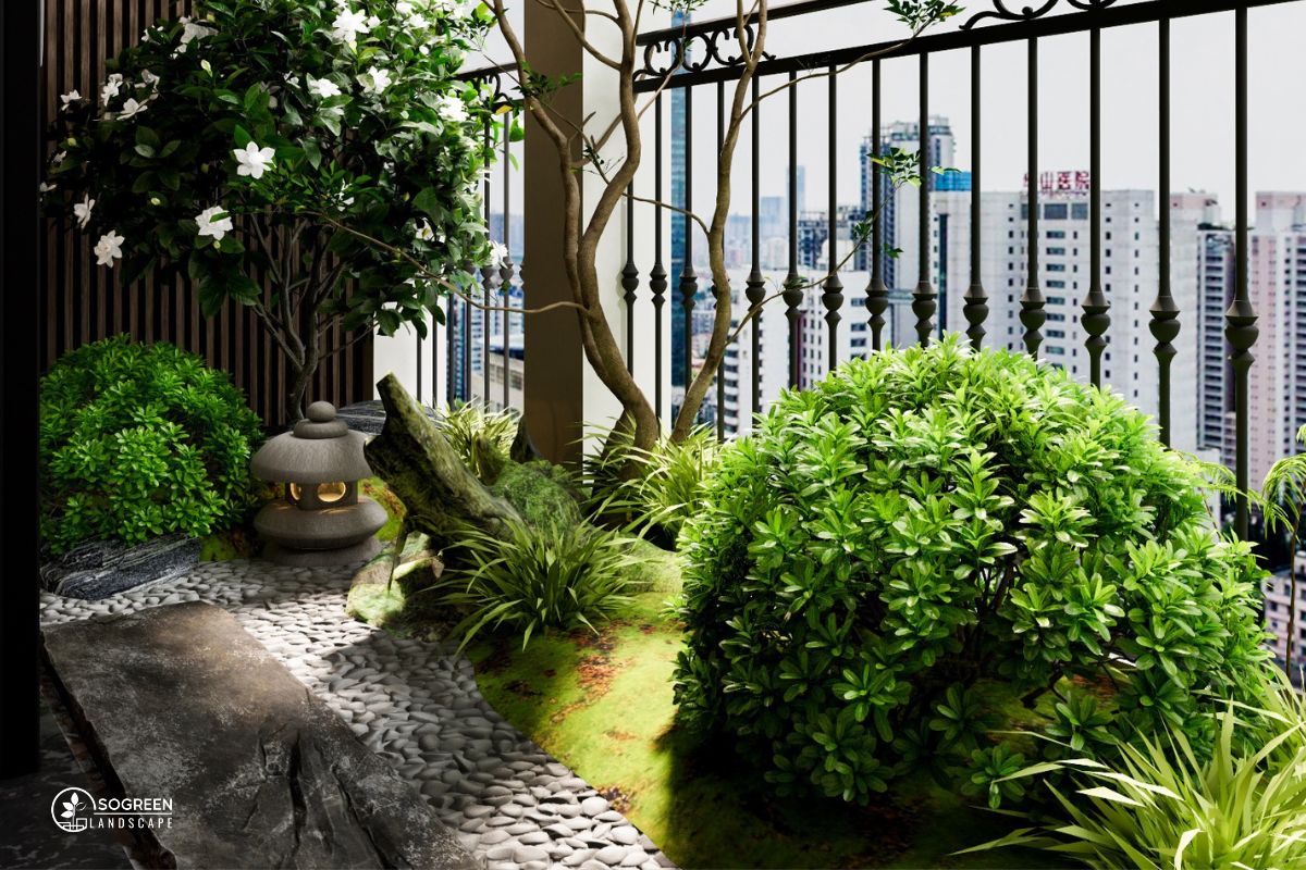 Sân Vườn Ban Công Kết Hợp Với Vật liệu Sỏi Đá