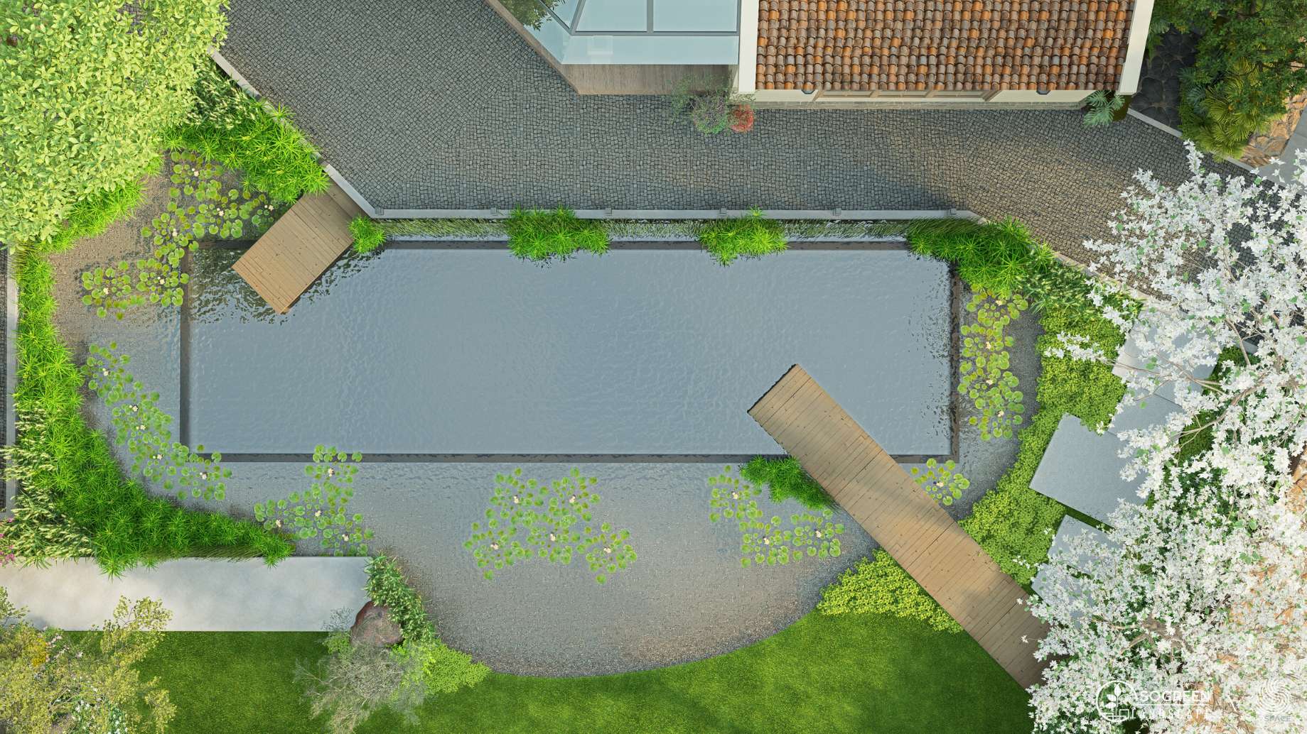 Toàn cảnh bể bơi sinh thái Alma An Retreat