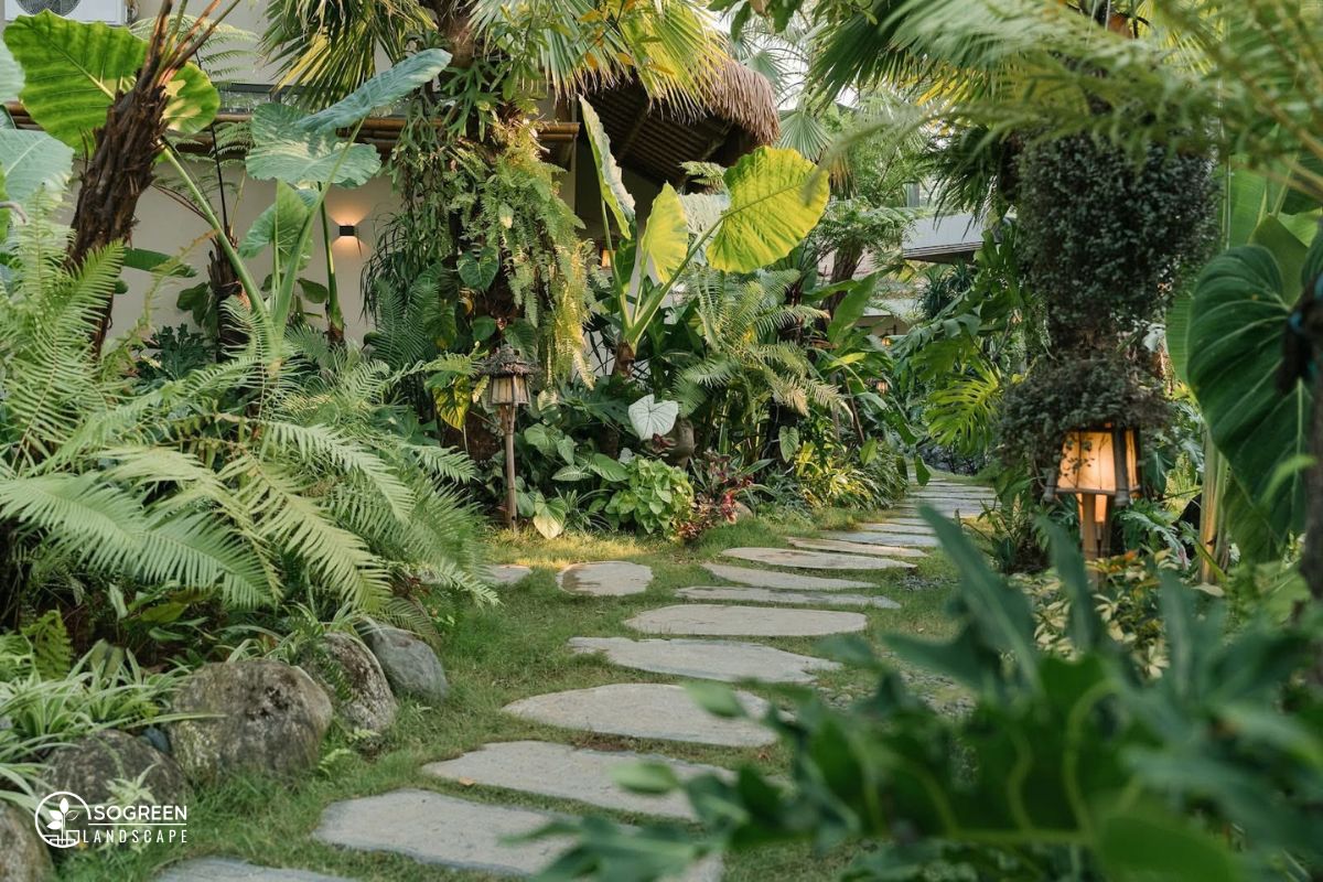 Không gian kiến trúc hiện đại kết hợp cảnh quan cây xanh và sân vườn (7 nguyên tắc thiết kế sân vườn quan trọng)